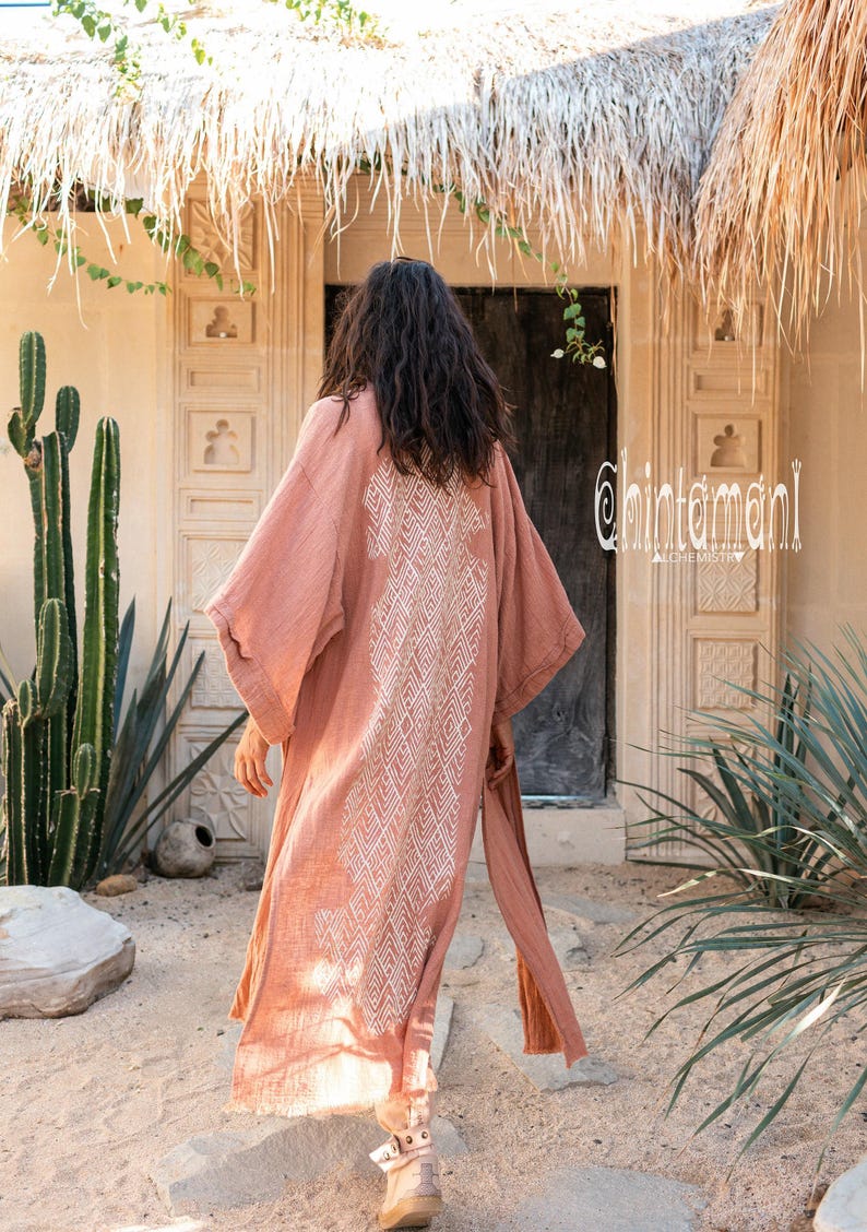 Pink Boho Kimono Cardigan for Women ∆ Bohemian Robe Tribal Ibiza Wrap Cape ∆ Raw Cotton Cover Up Gown by Chintamani Alchemy / Dusty Rose image 10