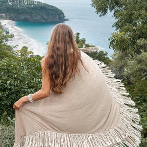 Boho Shawl ∆ Fringe Bohemian Scarf Women ∆ Hippie Boho Clothing Organic Shawl ∆ Eco Earthy Gypsy Triangle Cotton Scarf Wrap Cover Up / Sage image 11