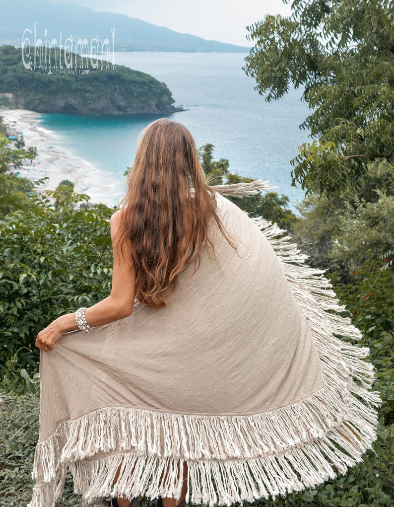 Boho Shawl ∆ Fringe Bohemian Scarf Women ∆ Hippie Boho Clothing Organic Shawl ∆ Eco Earthy Gypsy Triangle Cotton Scarf Wrap Cover Up / Sage image 11