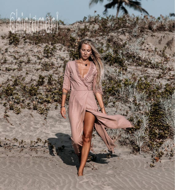 dusty pink wrap dress Long Bohemian Dress ∆ Boho Maxi Wrap Dress ∆ Goddess Organic Cotton Fringe Dress ∆ Chintamani Raw Natural Dress ∆ Boho Wedding / Dusty Pink