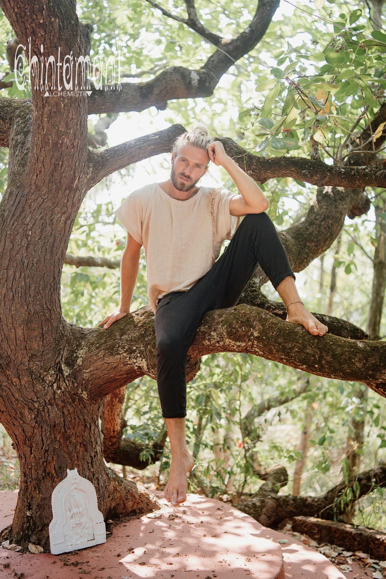 Beige Cotton Tshirt ∆ Boho Clothing Men Tee Shirt ∆ Hippie Gypsy Clothing ∆ Burning Man Ibiza Short Sleeve Tunic ∆ Organic Nomad Man image 7