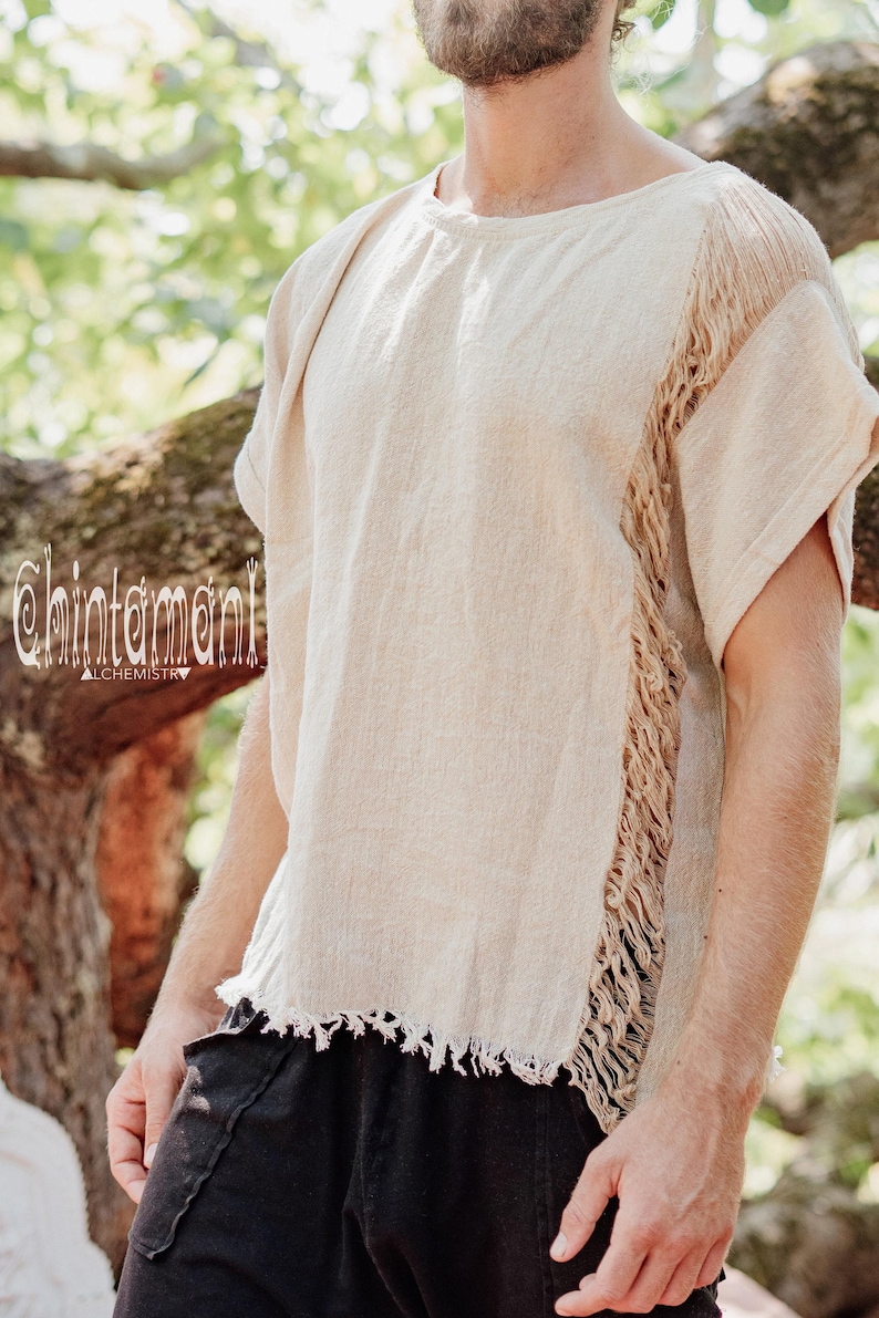 Beige Cotton Tshirt ∆ Boho Clothing Men Tee Shirt ∆ Hippie Gypsy Clothing ∆ Burning Man Ibiza Short Sleeve Tunic ∆ Organic Nomad Man image 5