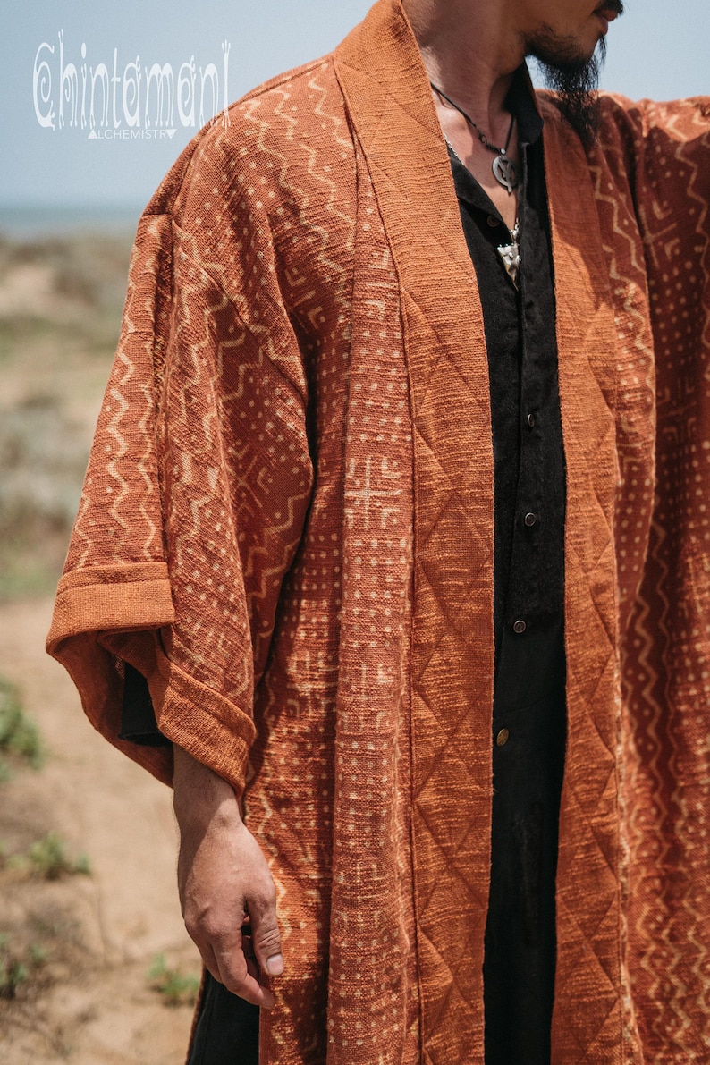 Mens Boho Kimono Cardigan ∆ Raw Cotton Festival Kimono Robe ∆ Desert Man Clothing Spring Kaftan Wrap Jacket ∆ Nomad Bedouin Outfit / Rusty image 3