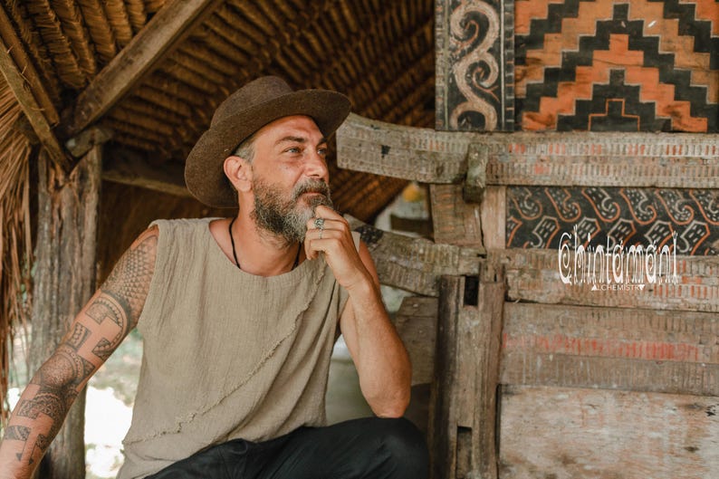 Mens Boho Tank Top ∆ Raw Cotton Hippie Shirt Boho Clothing Men ∆ Goa Gypsy Nomad Tribal Organic Clothes ∆ Vegan Sleeveless Tshirt / Sage image 9