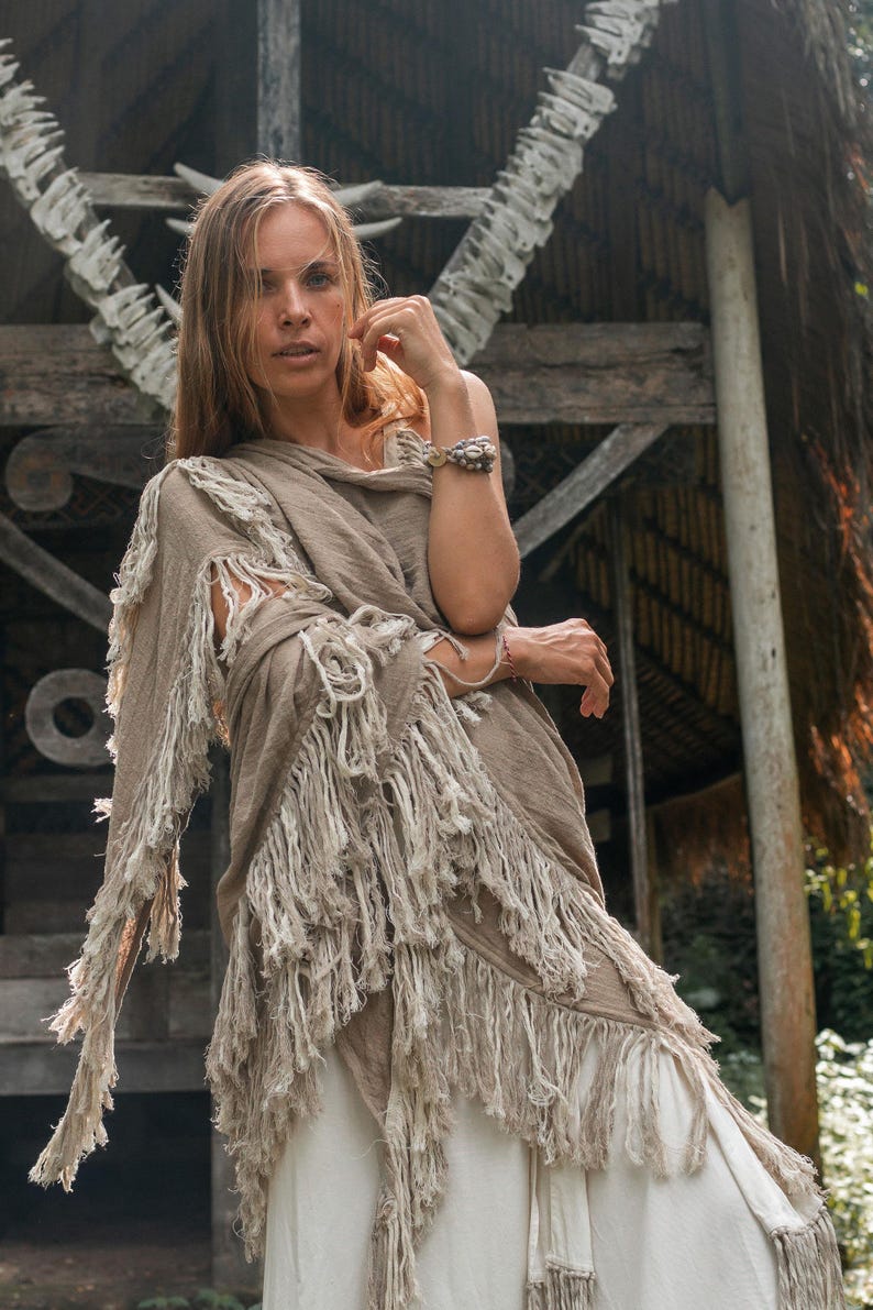 Boho Shawl ∆ Fringe Bohemian Scarf Women ∆ Hippie Boho Clothing Organic Shawl ∆ Eco Earthy Gypsy Triangle Cotton Scarf Wrap Cover Up / Sage image 18
