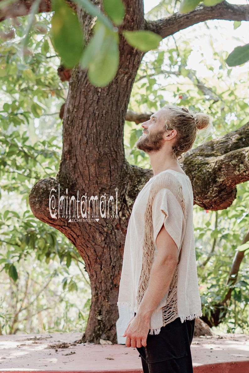 Beige Cotton Tshirt ∆ Boho Clothing Men Tee Shirt ∆ Hippie Gypsy Clothing ∆ Burning Man Ibiza Short Sleeve Tunic ∆ Organic Nomad Man image 4
