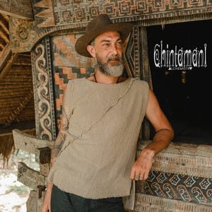 Mens Boho Tank Top ∆ Raw Cotton Hippie Shirt Boho Clothing Men ∆ Goa Gypsy Nomad Tribal Organic Clothes ∆ Vegan Sleeveless Tshirt / Sage image 2