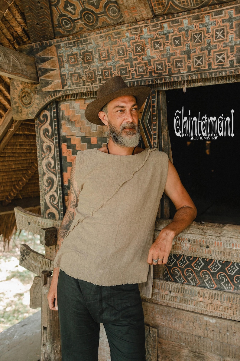Mens Boho Tank Top ∆ Raw Cotton Hippie Shirt Boho Clothing Men ∆ Goa Gypsy Nomad Tribal Organic Clothes ∆ Vegan Sleeveless Tshirt / Sage image 2