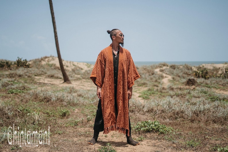 Mens Boho Kimono Cardigan ∆ Raw Cotton Festival Kimono Robe ∆ Desert Man Clothing Spring Kaftan Wrap Jacket ∆ Nomad Bedouin Outfit / Rusty image 10