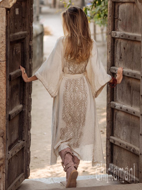bohemian robe dress White Boho Kimono Robe ∆ Women Bohemian Cardigan ∆ Tribal Ibiza Wrap Cape ∆ Eco Cotton Cover Up Bride Robe by Chintamani Alchemy / Off White