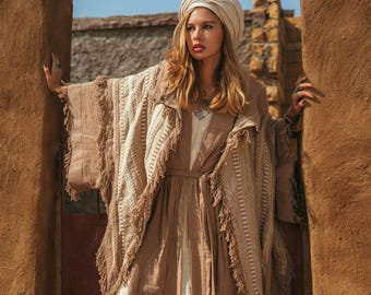 Fringe Poncho Coat ∆ Boho Women Clothing Kimono Robe ∆ Desert Man Festival Outfit Bohemian Wrap Cardigan ∆ Ceremony Clothes Top / Coffee