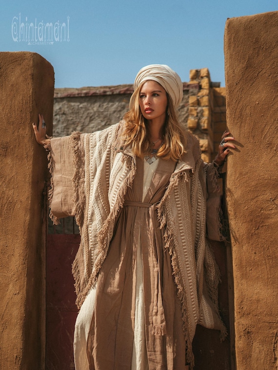 boho poncho dress Fringe Coat ∆ Women Clothing Kimono Robe ∆ Desert Man Festival Outfit Bohemian Wrap Cardigan ∆ Ceremony Clothes Top / Coffee With its artisanal geometric