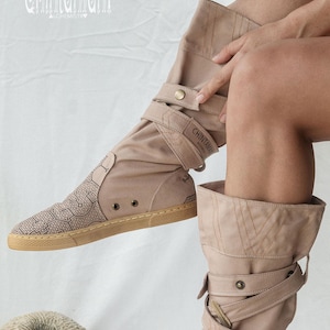 Beige Vegan Shoes ∆ Canvas High Boots Women ∆ Tribal Wrap Shoes ∆ Playa Outfit Man Cotton Boho Boots ∆ Goa Ibiza Gypsy Style image 14