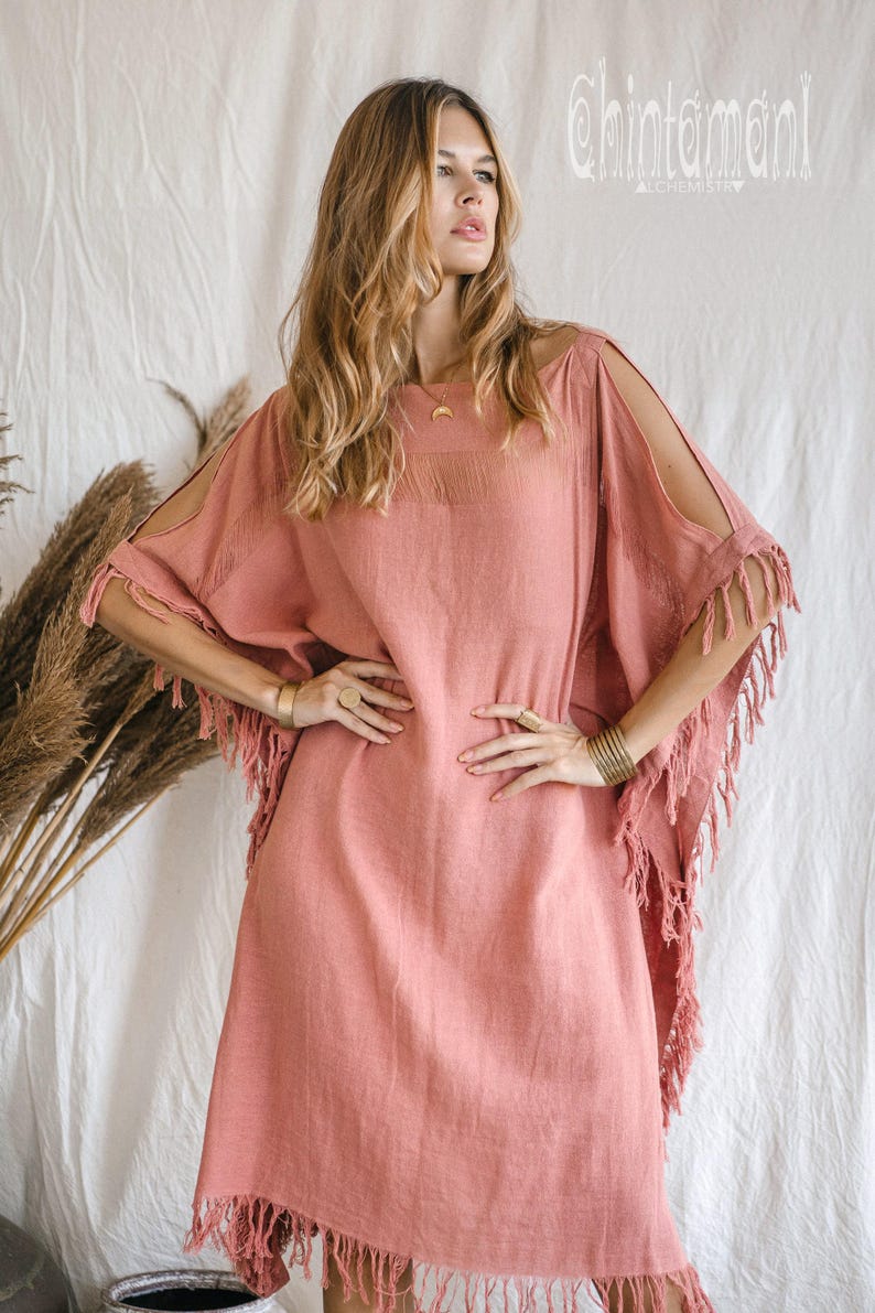 Rosa Gudinna Poncho Klänning ∆ Boho Festivalkläder Sommartunika Strandklänning ∆ Loungeklänning ∆ Hållbar Plus Size Klänning / Rosa bild 8