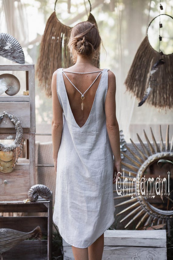 open back tunic dress Linen open back tunic dress with silk band