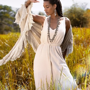 Boho Shawl ∆ Fringe Bohemian Scarf Women ∆ Hippie Boho Clothing Organic Shawl ∆ Eco Earthy Gypsy Triangle Cotton Scarf Wrap Cover Up / Sage image 3