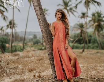 Organic Cotton Maxi Dress ∆ Boho Clothes Women Tank Dresses ∆ Tropical Clothing Sun Goddess Summer Dress ∆ Sexy High Slit Dress / Coral Rose