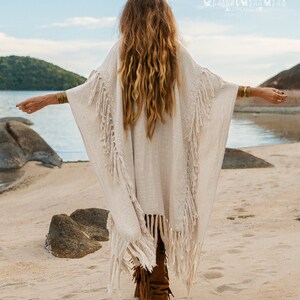 Women Poncho Boho Kimono Robe ∆ Burning Festival Clothes Desert Man Cardigan ∆ Ceremony Bohemian Clothing Blanket Fringe Robe / Off White image 8