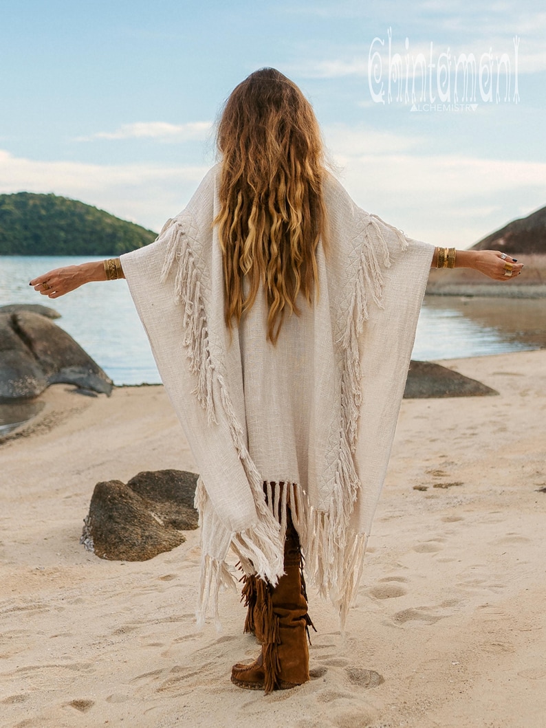 Women Poncho Boho Kimono Robe ∆ Burning Festival Clothes Desert Man Cardigan ∆ Ceremony Bohemian Clothing Blanket Fringe Robe / Off White image 8