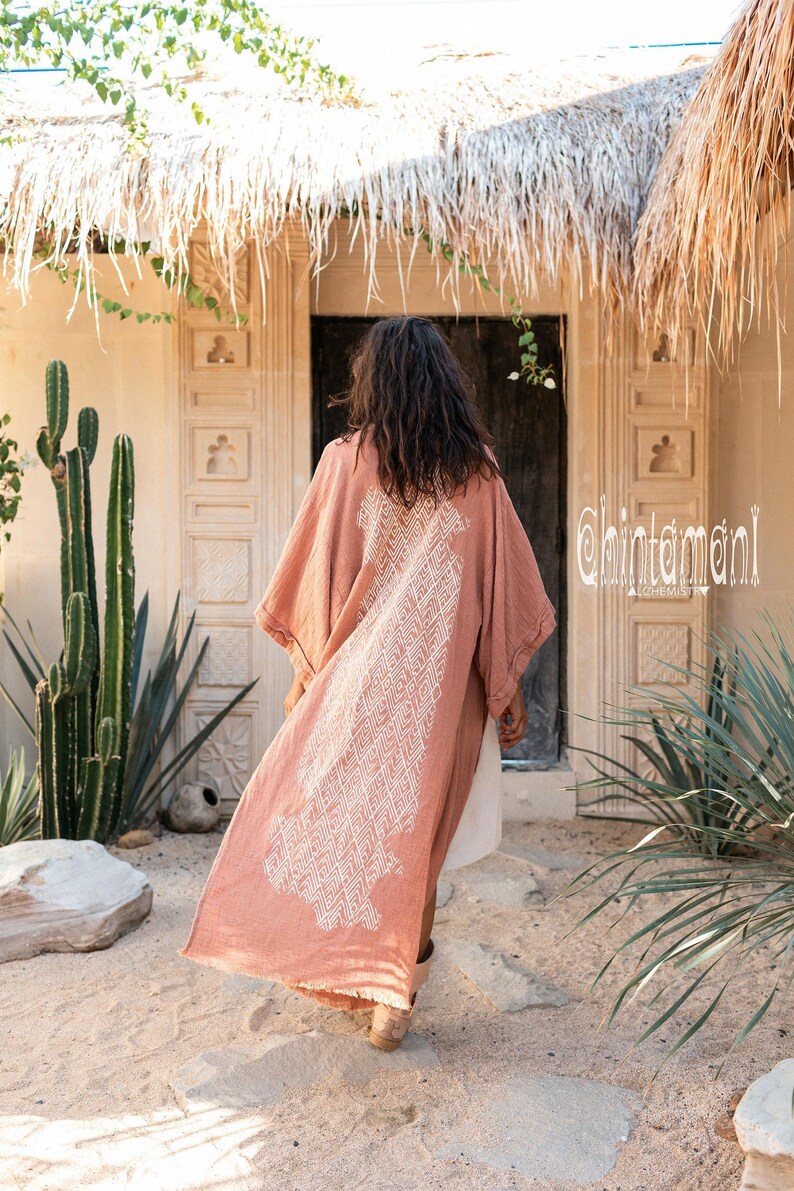 Pink Boho Kimono Cardigan for Women ∆ Bohemian Robe Tribal Ibiza Wrap Cape ∆ Raw Cotton Cover Up Gown by Chintamani Alchemy / Dusty Rose image 8