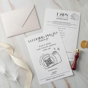 A5-kaart met huwelijksfoto-uitdaging – printbare voor- en achterkant | Deel je momenten | QR-codesjabloon | Direct downloaden