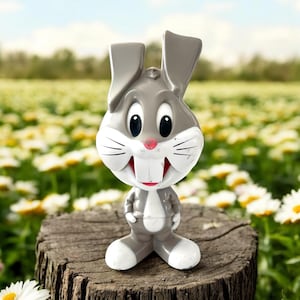 May include: A gray plastic figurine of Bugs Bunny, a cartoon rabbit, with a wide smile and large eyes. The figurine is standing on a tree stump in a field of white flowers.