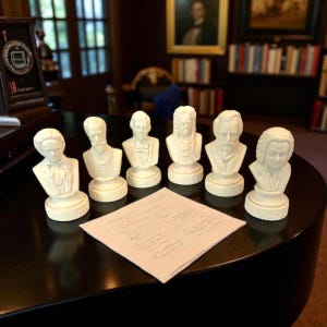May include: A collection of six white plaster busts of famous composers, including Beethoven and Bach, arranged on a dark surface. A sheet of paper with handwritten notes is in front of the busts. The busts are displayed in a room with a library.