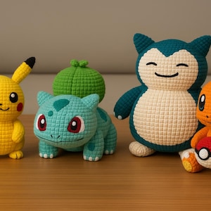5 in 1 Amigurumi Crochet Pattern Bundle – Bulbasaur, Charmander, Pikachu & Snorlax – Instant Download  PDF Crochet Pattern
