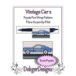 May include: A digital pattern for a peyote stitch pen wrap featuring a blue vintage car. The pattern is for a G2 pen by Pilot and is labeled "Vintage Car 2" and "Even Peyote".