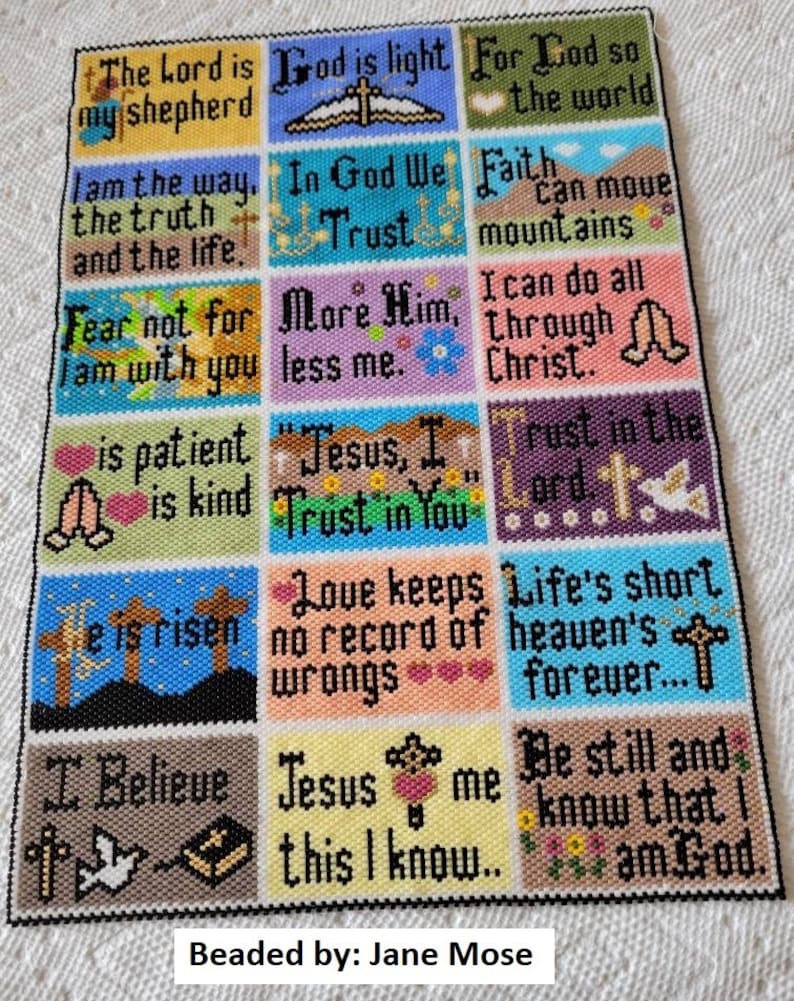 May include: A beaded wall hanging with colorful squares featuring Christian Bible verses. The verses include "The Lord is my shepherd", "In God We Trust", "Fear not for I am with you", "Jesus, I Trust in You", "Love keeps no record of wrongs", "Be still and know that I am God", and more.