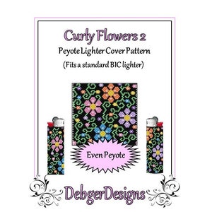 May include: A printable pattern for a beaded lighter cover featuring a design of colorful flowers on a black background. The pattern is called "Curly Flowers 2" and is made using even peyote stitch.