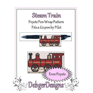 May include: A red and black steam train peyote bead pattern for a pen wrap. The pattern is for an even count peyote stitch and fits a G2 pen by Pilot. The pattern is labeled "Steam Train" and "Even Peyote".
