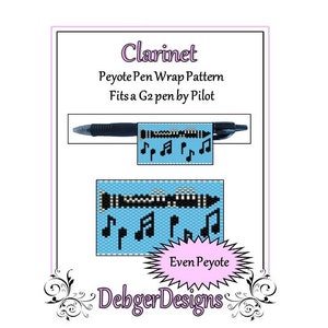 Può includere: Un modello digitale per un rivestimento per penna a punto peyote a forma di clarinetto. Il modello è progettato per adattarsi a una penna G2 di Pilot. Il modello include note musicali ed è etichettato "Even Peyote".