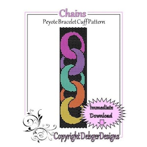 Könnte beinhalten: Ein farbenfrohes Peyote-Stich-Armbandmuster mit einem Kettenmuster auf schwarzem Hintergrund. Das Muster heißt "Chains" und steht zum sofortigen Download bereit. Der Text "Copyright DebgerDesigns" befindet sich am unteren Rand des Bildes.