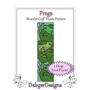 May include: A green, blue, and white beaded bracelet pattern featuring frogs. The pattern is called "Frogs" and is a 2 Drop Even Peyote Bracelet Cuff pattern. The pattern is by DebgerDesigns.