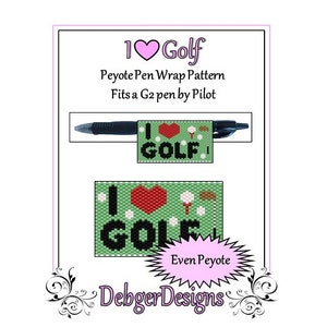 以下が含まれることがあります： 「I love Golf」の文字と赤いハートが描かれた、緑と白のペヨーテステッチのペンラップパターン。パイロットのG2ペンに合うように設計されています。パターンには「Even Peyote」と「Debger Designs」のラベルが付いています。