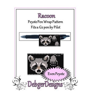May include: A black and white peyote stitch beading pattern for a raccoon pen wrap. The pattern is for an even count peyote stitch and fits a G2 pen by Pilot. The pattern includes a raccoon face and paw prints.