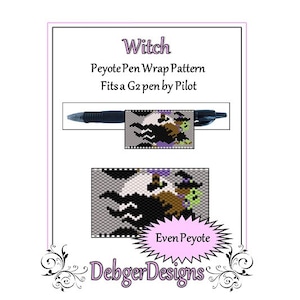 May include: A printable pattern for a peyote stitch pen wrap featuring a witch with a black cat and a cauldron. The pattern is designed to fit a G2 pen by Pilot. The text "Even Peyote" and "DebgerDesigns" are also included in the image.