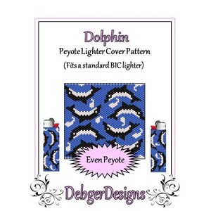 May include: A printable pattern for a beaded lighter cover featuring a blue and black dolphin design. The pattern is for even count peyote stitch and is designed to fit a standard BIC lighter. The text "Dolphin Peyote Lighter Cover Pattern (Fits a standard BIC lighter) Even Peyote Debger Designs" is included in the image.