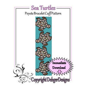 May include: A turquoise beaded bracelet pattern featuring four sea turtles. The pattern is for peyote stitch and is titled "Sea Turtles Peyote Bracelet Cuff Pattern". The text "Immediate Download" is in a pink starburst shape.