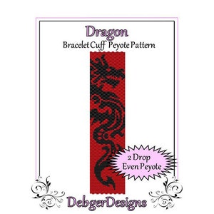 May include: A beaded bracelet pattern featuring a black dragon design on a red background. The pattern is for 2 drop even peyote stitch. The text "Dragon Bracelet Cuff Peyote Pattern" and "2 Drop Even Peyote" is included in the image.