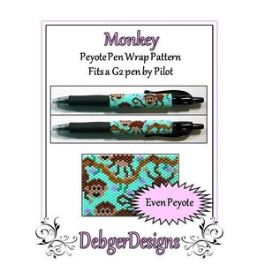 Puede incluir: Un patrón para una envoltura de bolígrafo de cuentas con un diseño de mono. El patrón es para punto de peyote de conteo par y está diseñado para adaptarse a un bolígrafo G2 de Pilot. El texto "Even Peyote" y "Debger Designs" también es visible en la imagen.