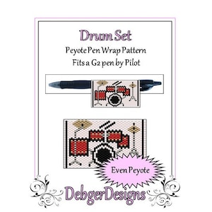 Puede incluir: Un patrón de abalorios para una envoltura de bolígrafo de batería, utilizando la puntada de peyote par. El patrón está diseñado para adaptarse a un bolígrafo G2 de Pilot. La imagen muestra una tabla de colores y un primer plano del envoltorio de bolígrafo terminado.