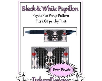 Motivo con perline Peyote (involucro della penna/copertina) - Papillon bianco e nero