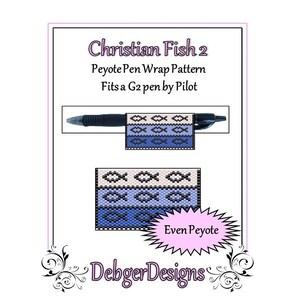 May include: A beading pattern for a pen wrap featuring a Christian fish design in blue, white, and black. The pattern is called "Christian Fish 2" and is for even count peyote stitch. The pattern fits a G2 pen by Pilot.