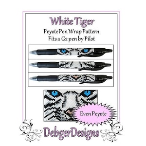 May include: A digital download pattern for a white tiger peyote stitch pen wrap. The pattern is for a G2 pen by Pilot and uses even peyote stitch. The pattern is shown on three pens, with a close-up of the tiger's face.