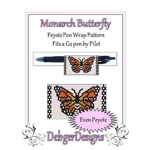 May include: A printable pattern for a peyote stitch pen wrap featuring a monarch butterfly. The pattern is for a G2 pen by Pilot and uses even count peyote stitch.