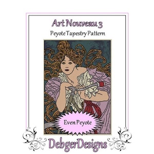 May include: Art Nouveau 3 Peyote Tapestry Pattern, a digital download pattern featuring a woman with long flowing hair in a purple dress, holding a bicycle handlebar. The pattern is for even peyote stitch.