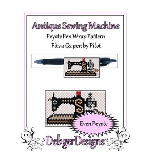 Puede incluir: Un patrón de cuentas en blanco y negro para una máquina de coser antigua, diseñado para envolver un bolígrafo. El patrón es para punto de peyote de conteo par y está diseñado para adaptarse a un bolígrafo G2 de Pilot. El texto "Even Peyote" y "Debger Designs" también se incluye en la imagen.