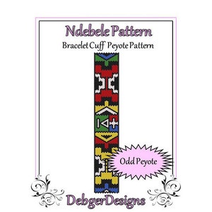May include: A beaded bracelet pattern in the Ndebele style, featuring a colorful geometric design. The pattern is for an odd peyote stitch bracelet cuff.